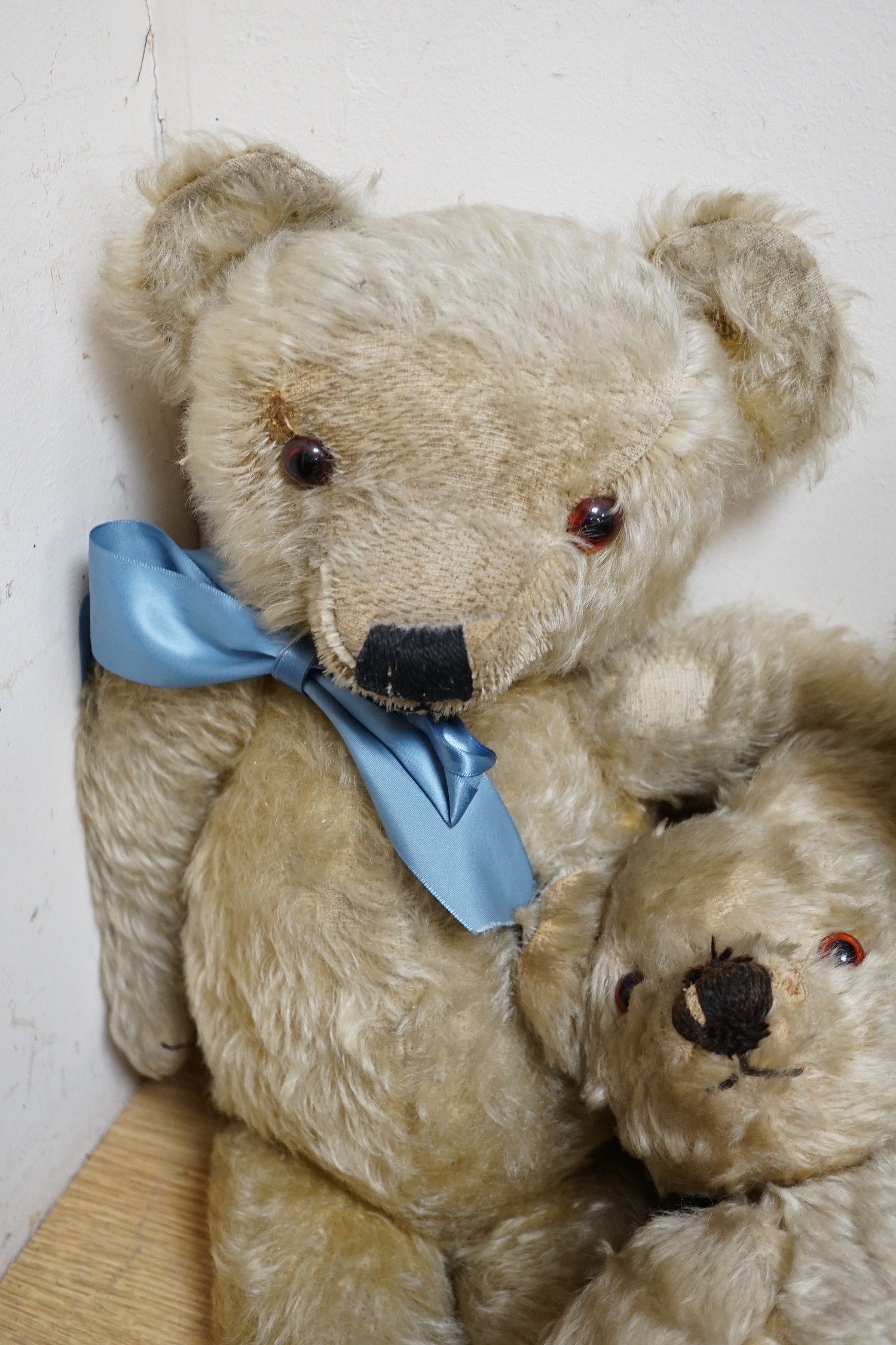 Three mid 20th century teddy bears including one Chad Valley and one Merrythought